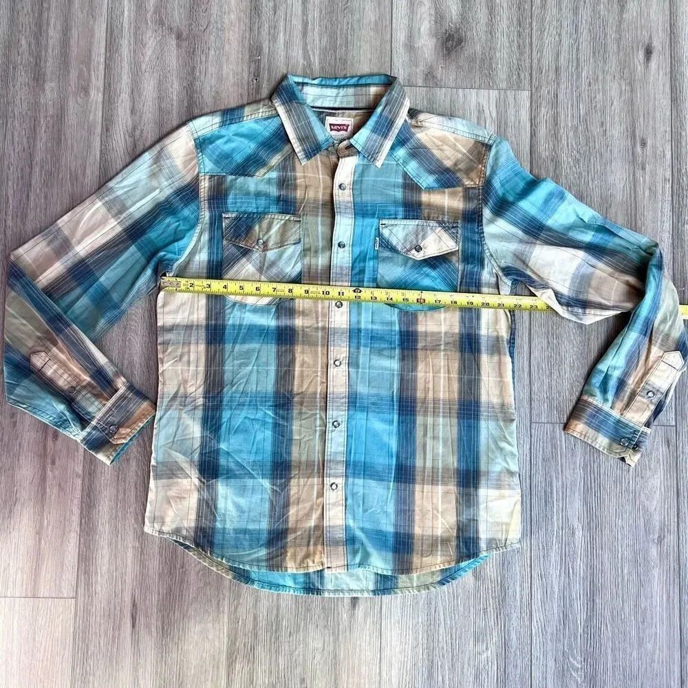 Levi's Men's Blue Plaid Snap Closure Long‎ Sleeve Button Down Shirt Size Large